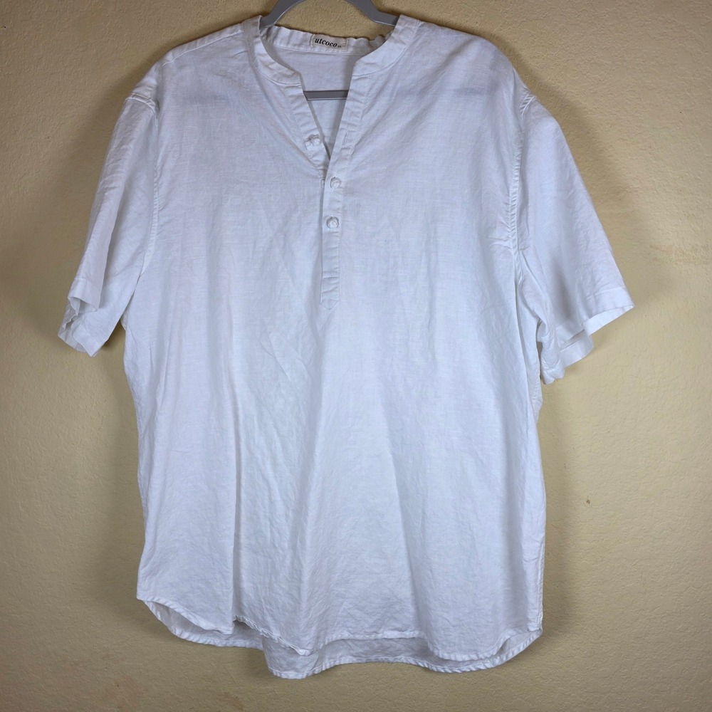 Utcoco Mens White Linen Cotton Henley Shirt  XXL boho beach minimalist Prarie